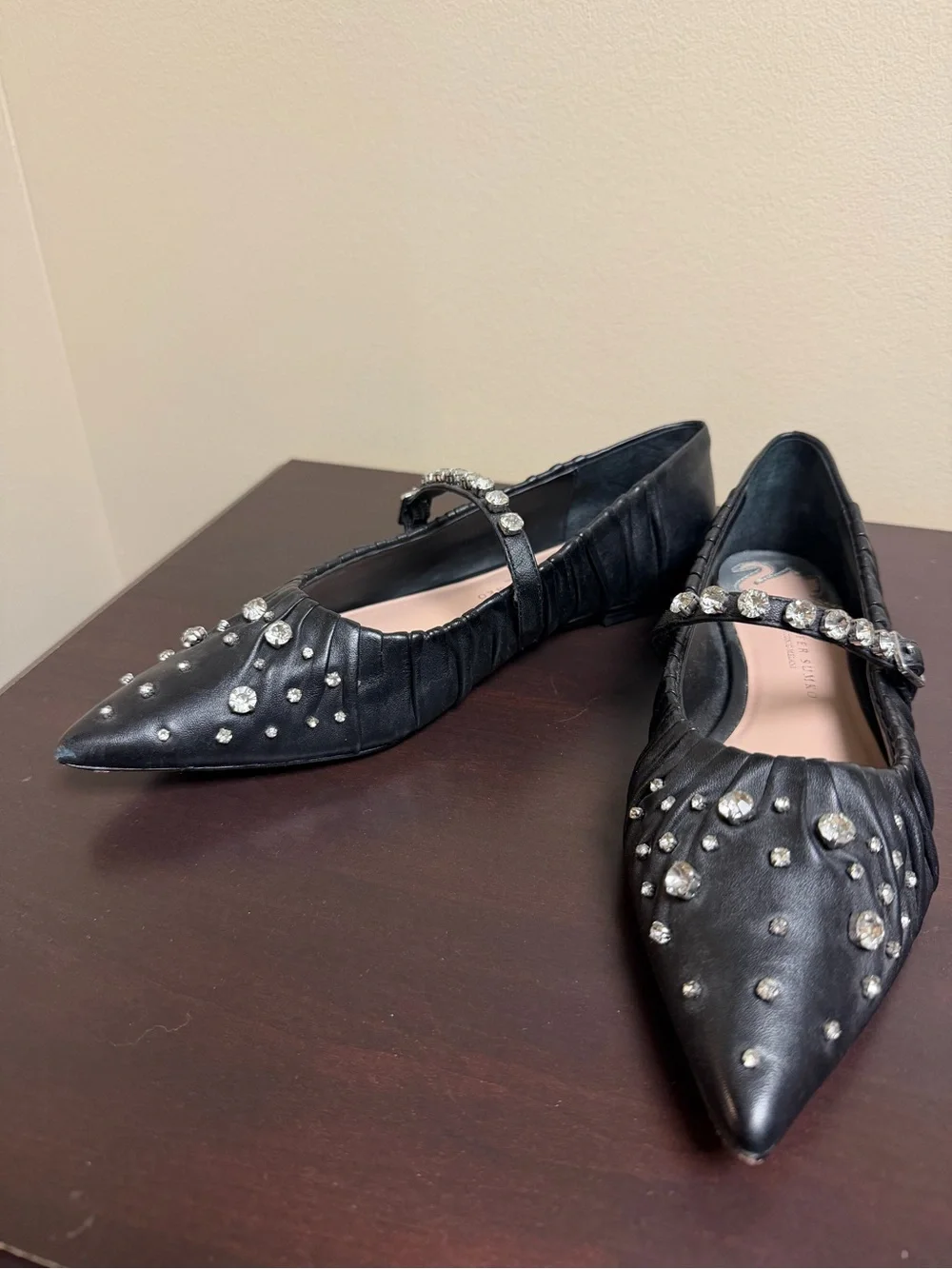 Jennifer Sumko and Antonio Melani Black Jeweled Pointed Mary Jane Flats